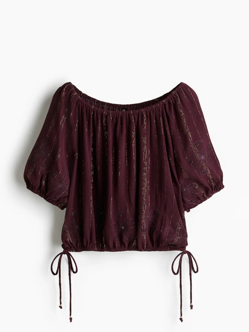 H&M Burgundy Off-Shoulder Peasant Blouse with Metallic Accents